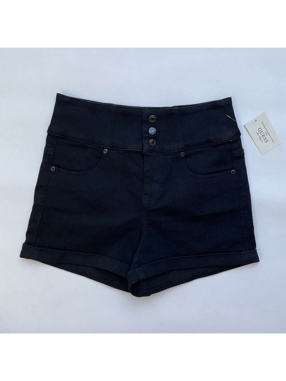 Guess Women’s Button High Waisted Short In Black Stretch Denim Size 27